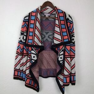 Harper Tribal Aztec‎ Open Front Cardigan Sweater Sz M Boho Waterfall Drape Knit